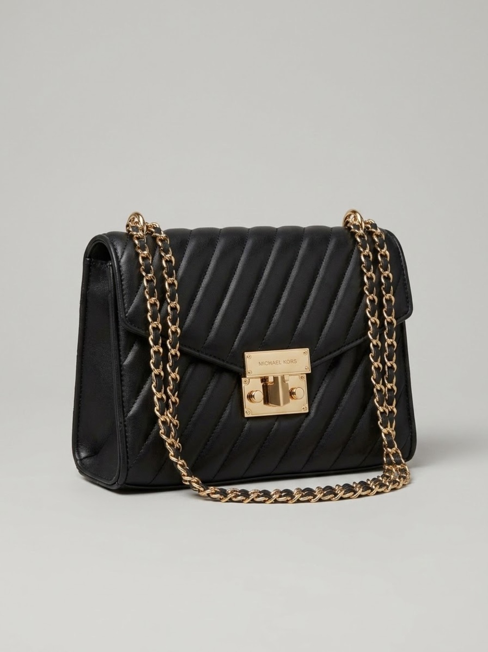 Michael Kors Cece Medium Quilted Leather Shoulder Bag in Black with Gold Hardwar
